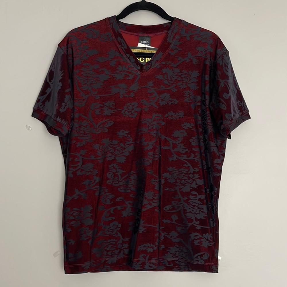 Vintage Greg Parry Mens Damask Fitted V-neck Shirt Sz L